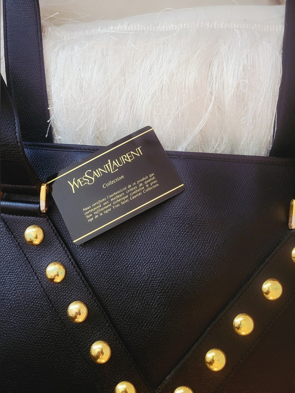 Vintage YSL Black Studded Y Ligne Leather Tote Bag w/ COA &Free YSL BEAUTY POUCH - Picture 10 of 14